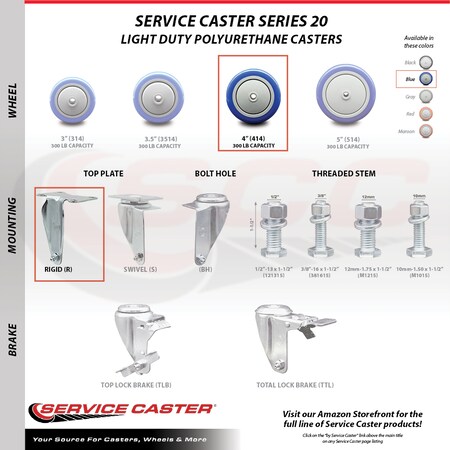Service Caster 4 Inch SS Blue Polyurethane Top Plate Caster Lock Brake 2 Rigid SCC, 2PK SCC-SSTTL20S414-PPUB-BLUE-2-R-2